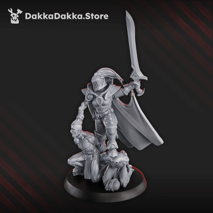 Sci-Fi Chaos Cult female miniature High Gomorrah Haseki, wielding a sword atop a fallen foe.