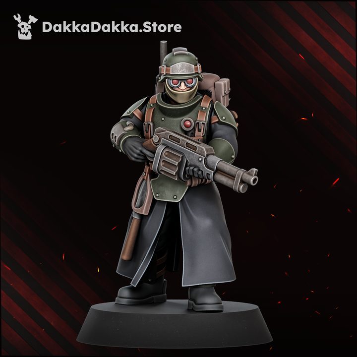 Single trooper with full-face goggles, long greatcoat, and combat shotgun, front view