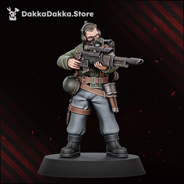 Painted veteran trooper miniature aiming a scoped rifle, wearing respirator mask and headphones, front view