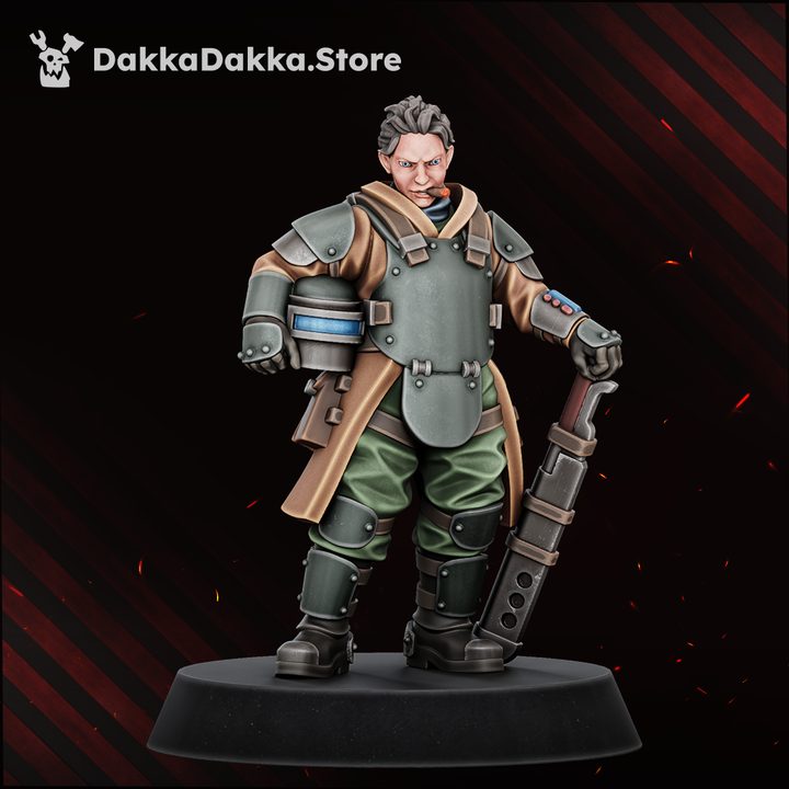 Bare-headed sergeant miniature chewing cigar, holding power weapon, front view