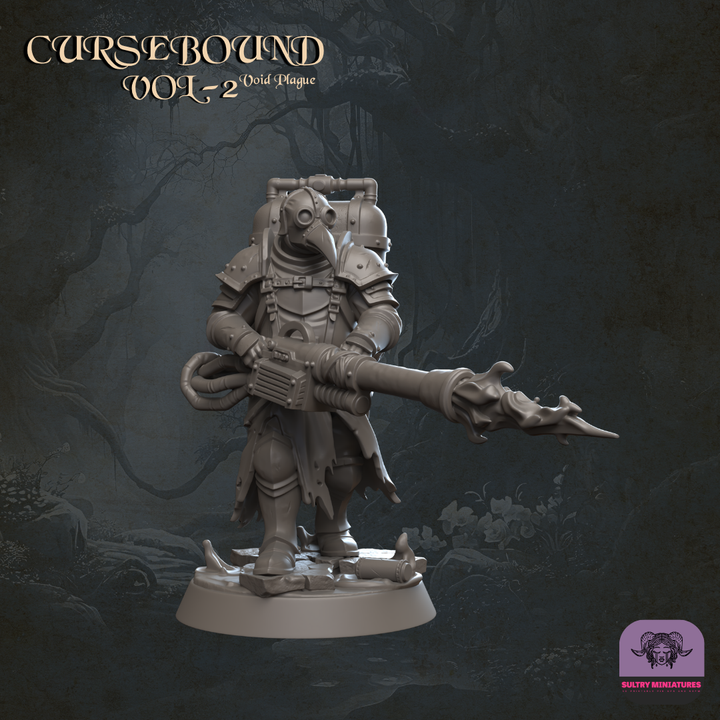 Cursebound - Plague Eradicators 32mm resin miniatures squad of four by Sultry Miniatures, grimdark Void Plague warriors with plague armour and weapons