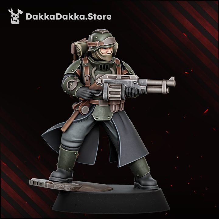 Single trooper in combat stance aiming shotgun, helmet and respirator, dynamic pose