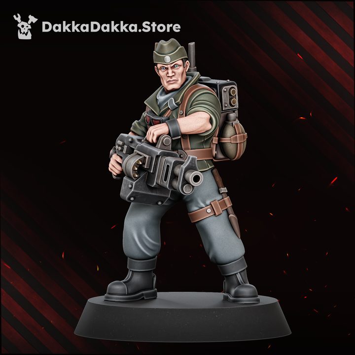Painted veteran resin miniature holding a heavy weapon at the hip with backpack gear, front view