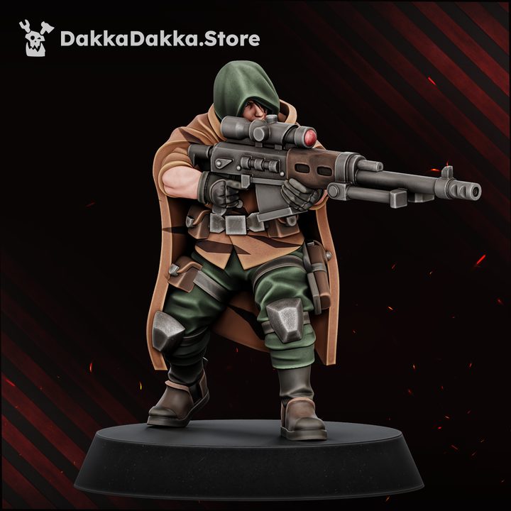 Painted resin sniper miniature in hooded cloak aiming scoped long rifle, crouching stance, front view