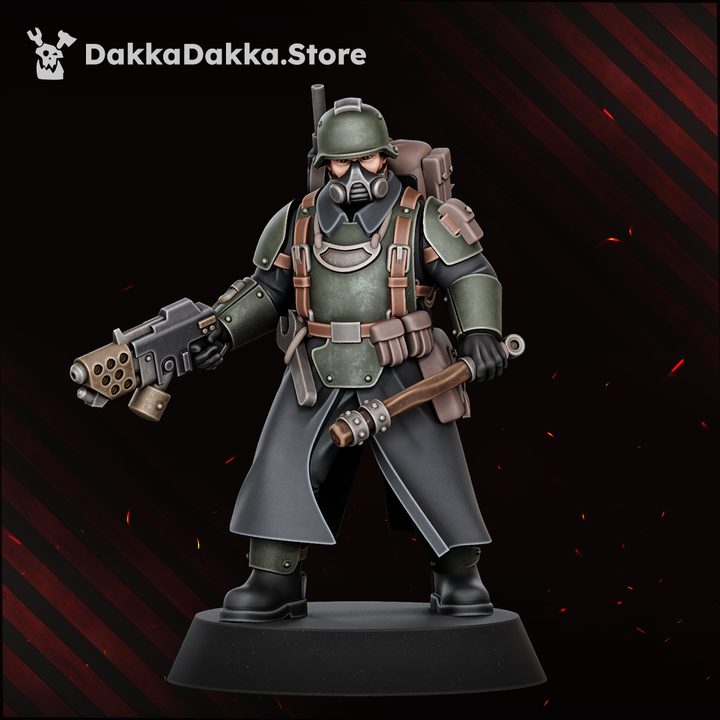 Squad officer with rotary grenade launcher and combat baton, gas mask and open helmet