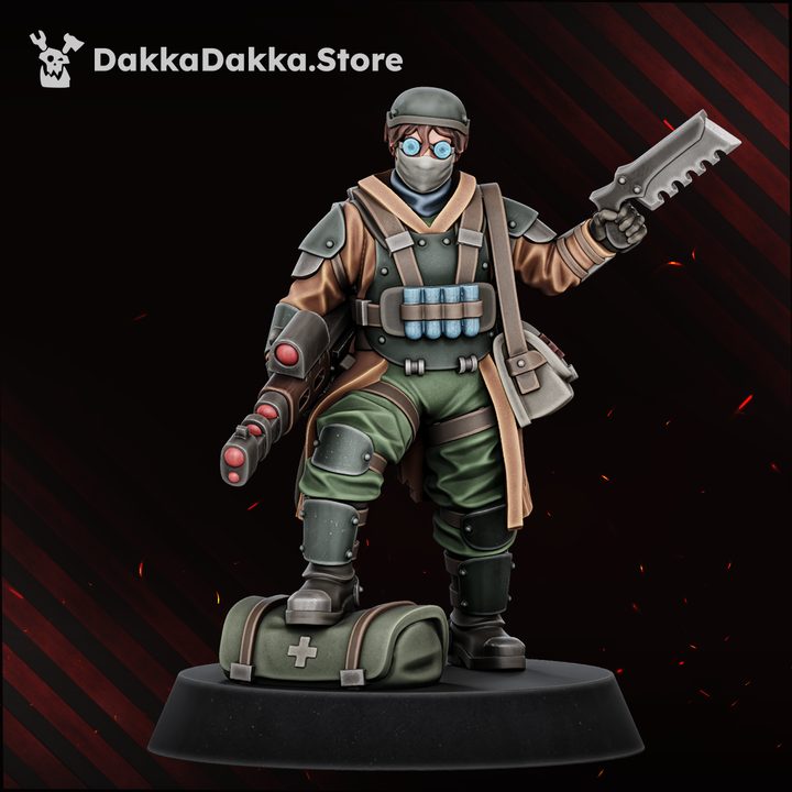 Combat medic miniature with bone saw, blue goggles, and medical satchel at feet, front view