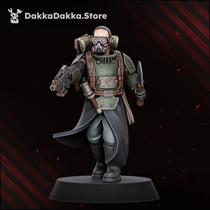 Advancing trooper with pistol raised and knife drawn, gas mask and backpack gear