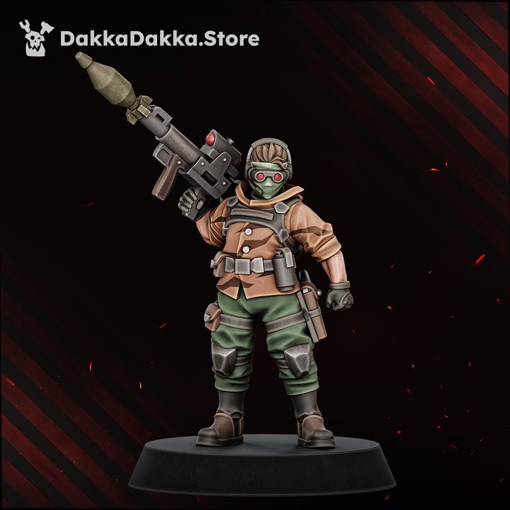 Painted resin rocket launcher trooper with goggled respirator mask, standing front view with missile on shoulder