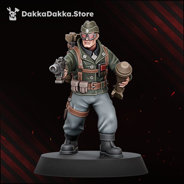 Painted standing veteran holding a pistol and a stick grenade, wearing goggles and field cap, front view
