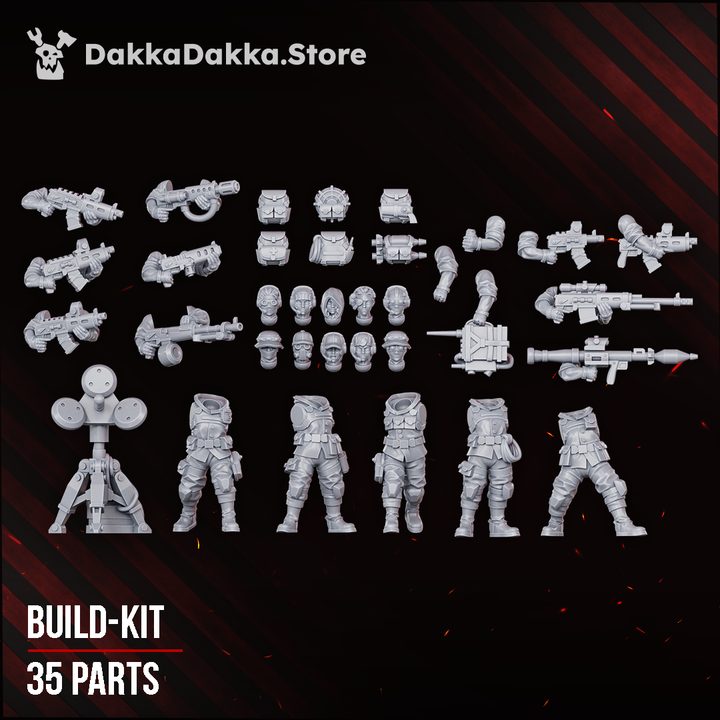 Full spread of the 35-part grey resin build kit showing torsos, legs, heads, arms, and weapon options laid out flat