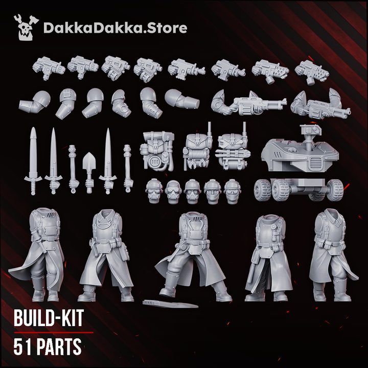 Full build kit spread showing 51 grey resin parts including bodies, heads, weapons, backpacks, and rover
