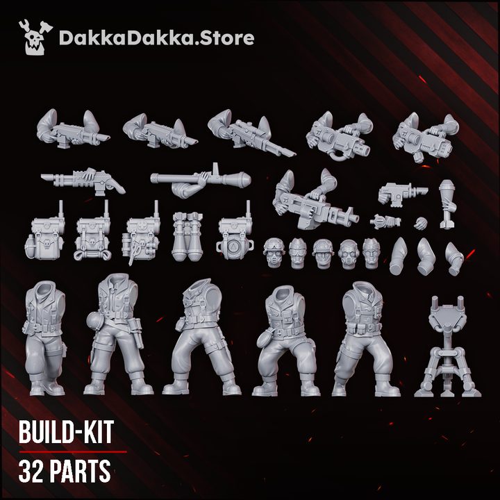 Build kit sprue flat lay showing 32 grey resin parts including bodies, heads, backpacks, and weapon arms