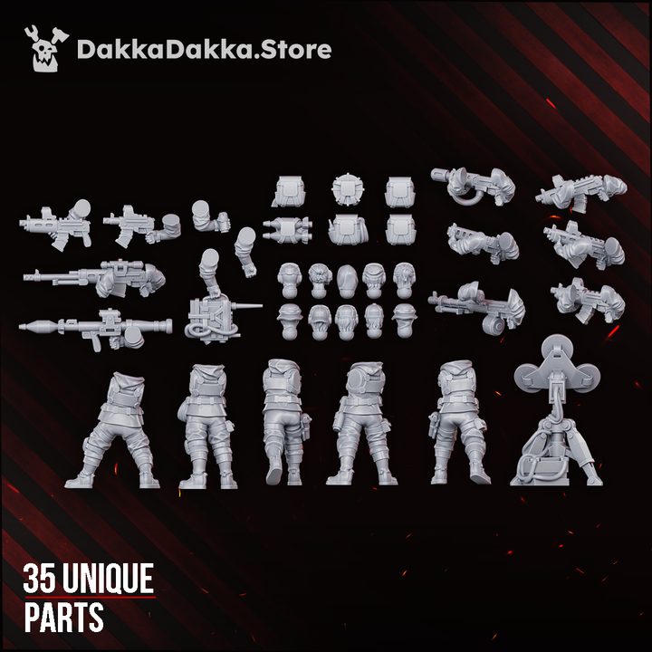 The Alcat Rats Veterans Brigade squad of four painted resin miniatures shown with grey unassembled build kit parts above, 29mm scale