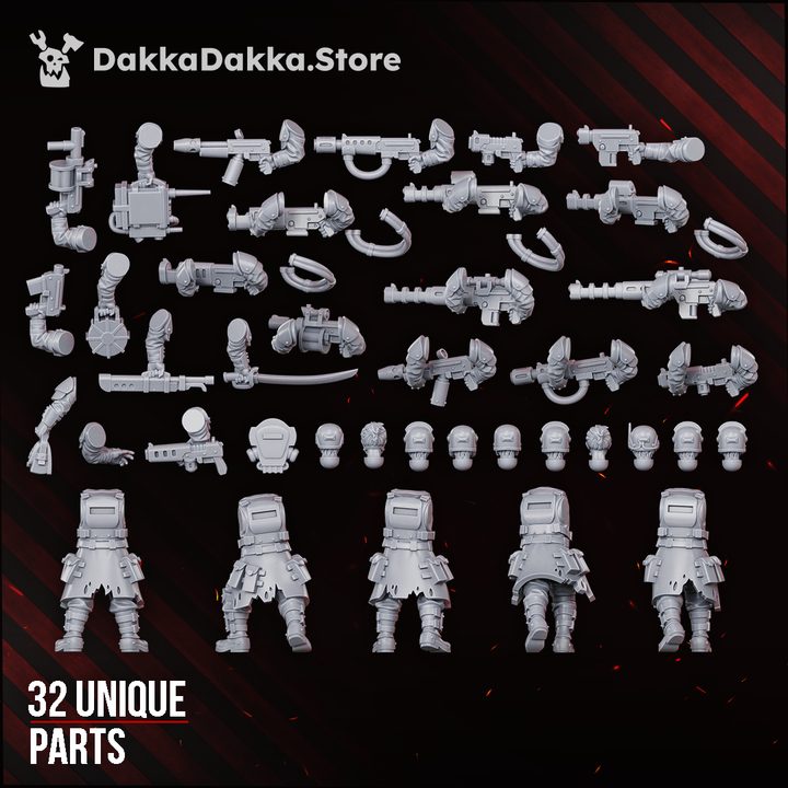 Second set of 32 unique grey resin parts including additional weapon arms, torsos, and specialist equipment