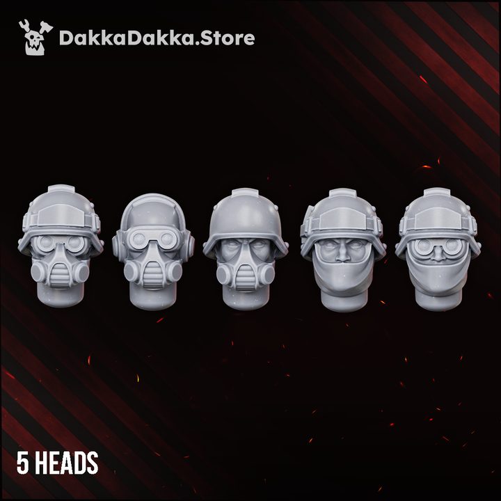 Five grey resin head options including gas masks, goggles, and bare-faced helmeted variants