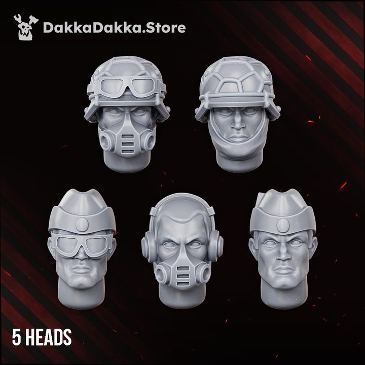 Five grey resin head options including respirator masks, goggles, and bare-faced variants