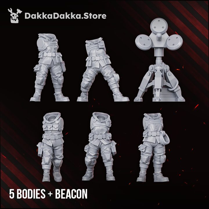 The Alcat Rats Veterans Brigade squad of four painted resin miniatures shown with grey unassembled build kit parts above, 29mm scale