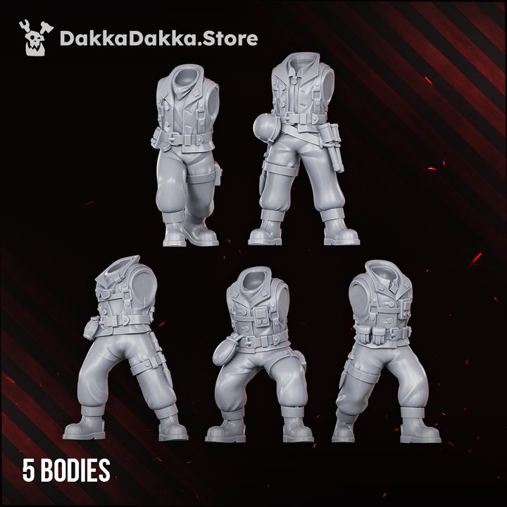 Five grey resin body variants in different combat stances, shown front and rear