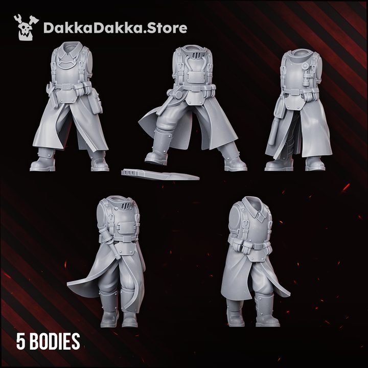 Five grey resin body options in varied greatcoat poses showing front torso and leg assemblies
