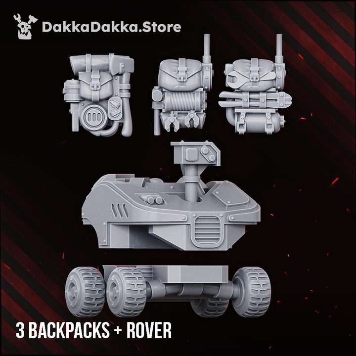 Three grey resin backpack variants and disassembled armed rover shown separately