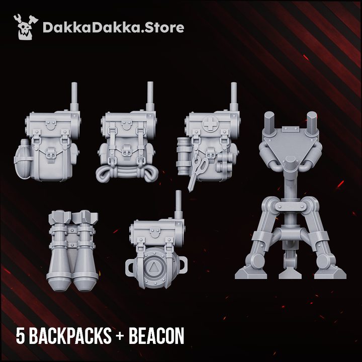 Five grey resin backpack variants and a deployable beacon on articulated legs