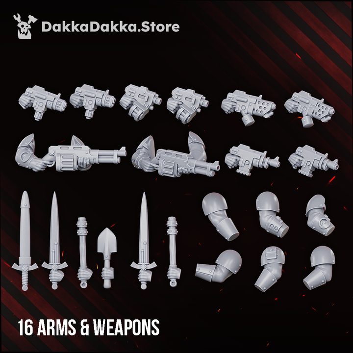 16 grey resin arm and weapon options including pistols, swords, entrenching tools, and shoulder pads