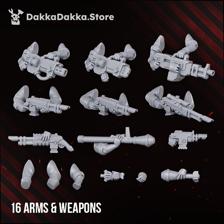 Sixteen grey resin arm and weapon combinations including rifles, launchers, and bare hands