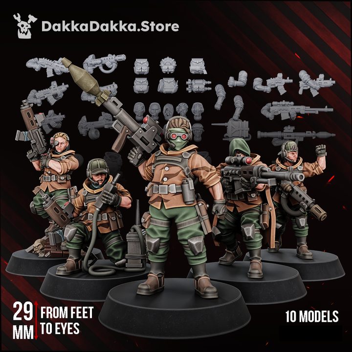 The Alcat Rats Veterans Brigade full squad of five painted resin miniatures with sprue parts shown above, 29mm scale