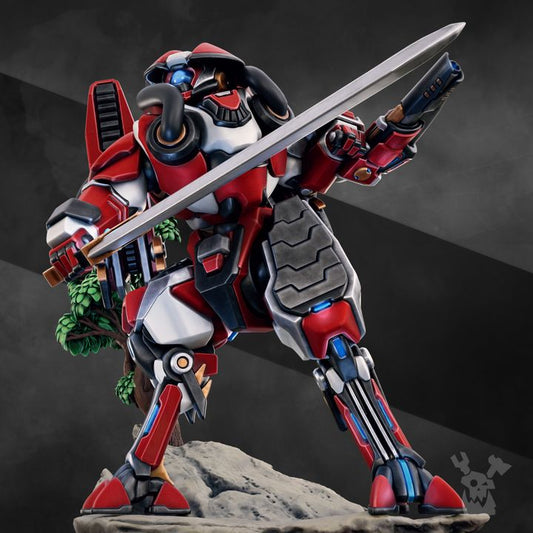 Sci-Fi Battlesuit Commander Warmaster Keengaze, dynamic pose with a massive blade, showcasing tactical brilliance.