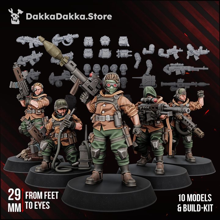 The Alcat Rats Veterans Brigade squad of four painted resin miniatures shown with grey unassembled build kit parts above, 29mm scale
