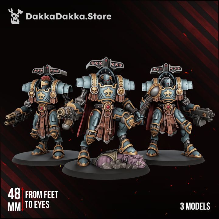 Insolentis Exosceletus x3 painted resin miniatures, full squad view showing all three armoured figures on bases