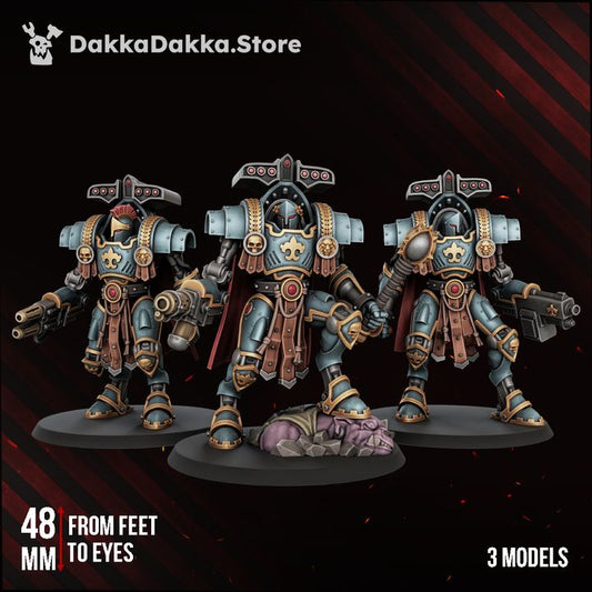 Insolentis Exosceletus x3 painted resin miniatures, full squad view showing all three armoured figures on bases