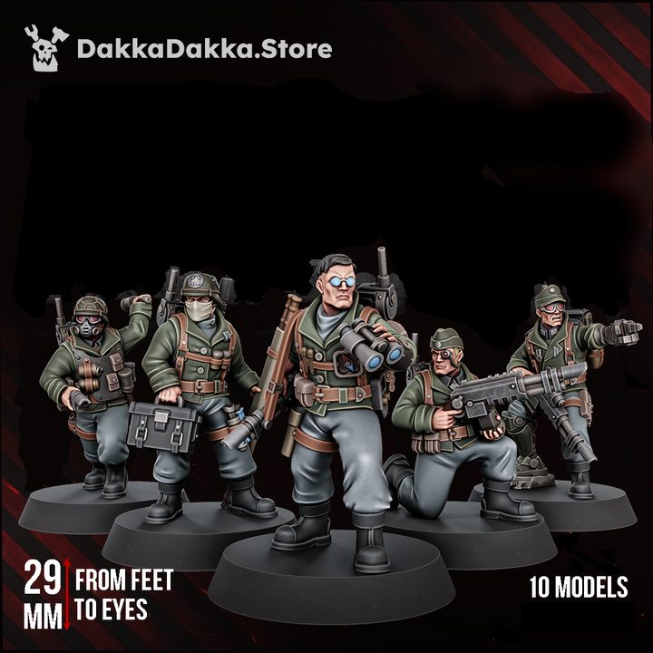 The Doomsday Veterans Brigade full squad of five painted resin miniatures on round bases, 29mm scale
