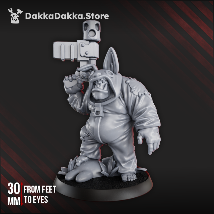 Orkbubu Labubork Ork miniature figure in rabbit onesie, wielding weapon, grinning mischievously.