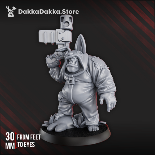 Orkbubu Labubork Ork miniature figure in rabbit onesie, wielding weapon, grinning mischievously.