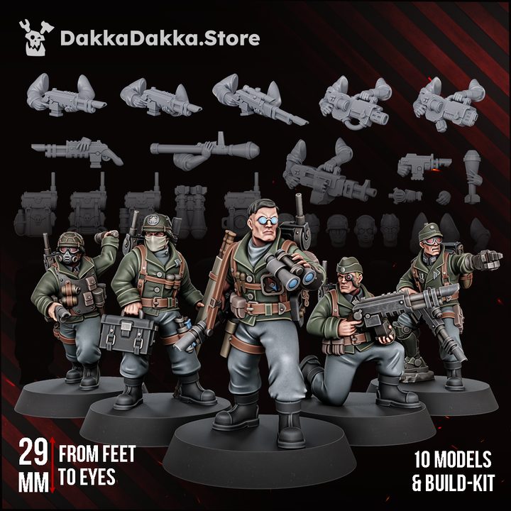 The Doomsday Veterans Brigade build kit group shot showing five painted 29mm resin soldiers with weapons and spare parts above