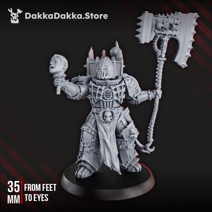 Carac The Murderous 35mm resin miniature front view, chaos warlord holding severed head and serrated axe