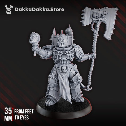Carac The Murderous 35mm resin miniature front view, chaos warlord holding severed head and serrated axe