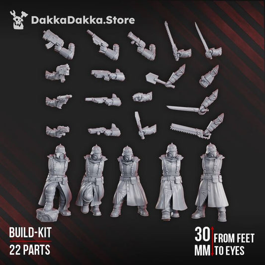 2nd Death Division Command Squad Build Kit featuring 22 grey resin parts for sci-fi wargaming miniatures from DakkaDakka.store.