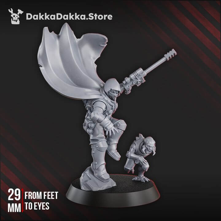 Havesters Cult Assassinator miniature model, sci-fi wargame figure in grey resin, with details on height and design.
