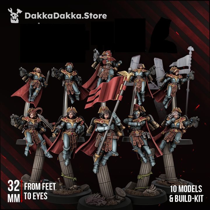 Full ten-model Legio Artemis HarpiesSirens squad group shot showing all poses and variant load-outs together
