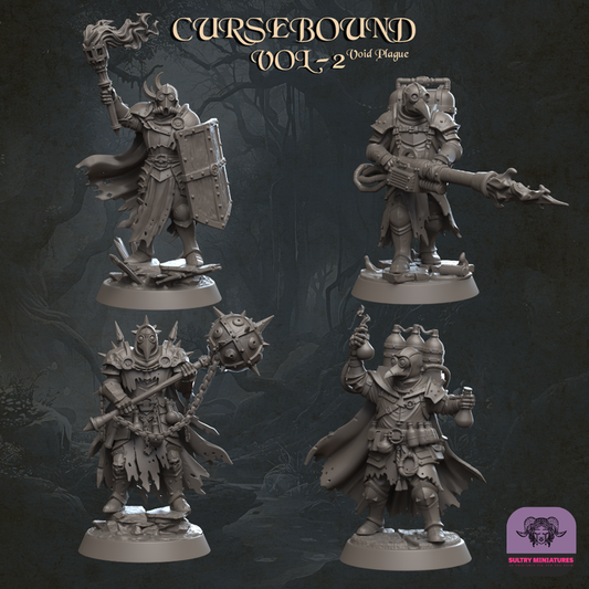 Cursebound - Plague Eradicators 32mm resin miniatures squad of four by Sultry Miniatures, grimdark Void Plague warriors with plague armour and weapons