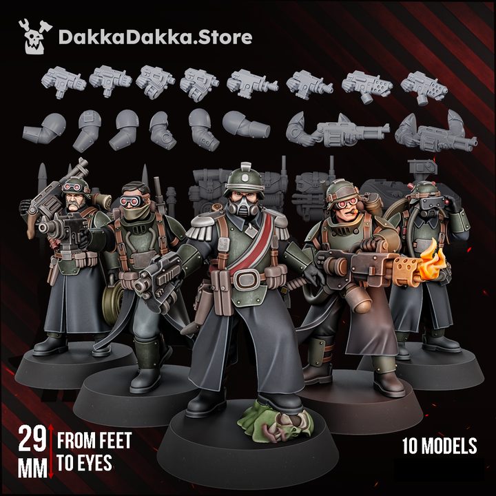 The Doomsday Corps of Engineers x10 full squad with weapon sprue, 29mm resin miniatures, group front view