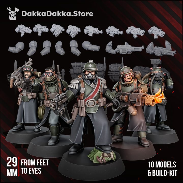 The Doomsday Corps of Engineers build kit, five painted resin miniatures with grey component parts displayed above, 29mm scale