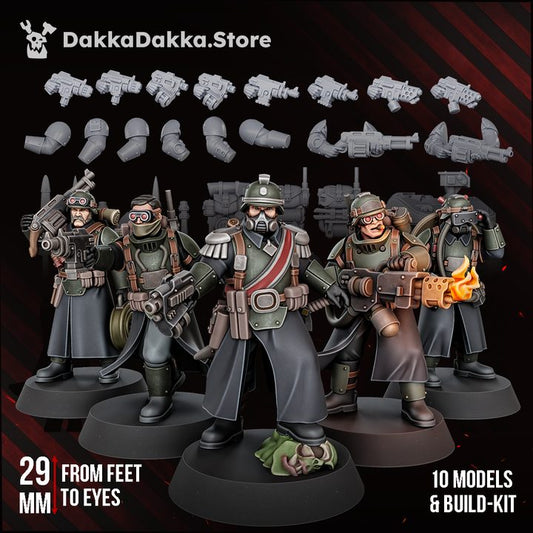 The Doomsday Corps of Engineers build kit, five painted resin miniatures with grey component parts displayed above, 29mm scale