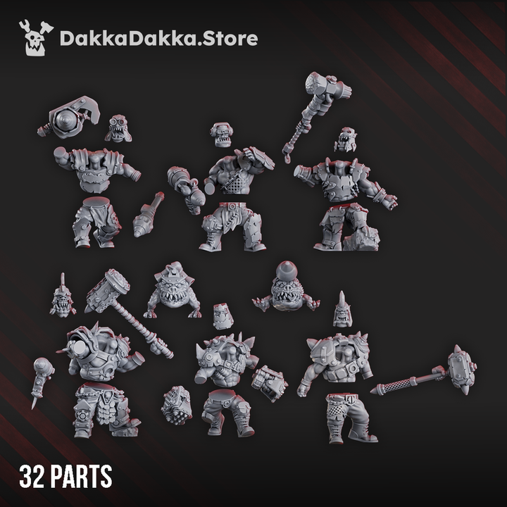 Painted Head Crackaz Mob – brutal ork warband with 32 parts, featuring armoured fighters, heavy weapons, and squig-like beasts for tabletop battles.