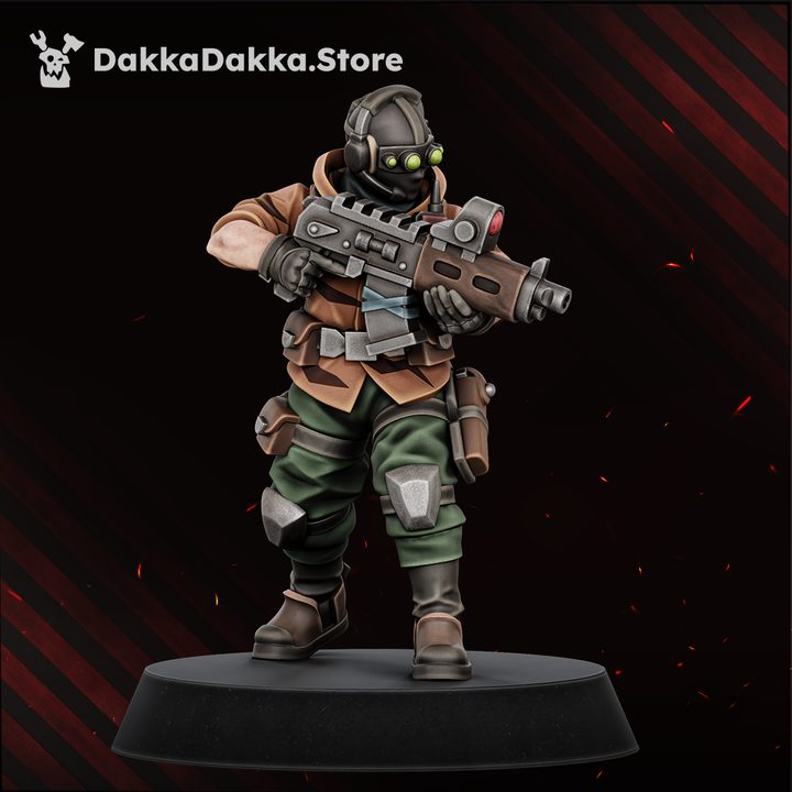The Alcat Rats Veterans Brigade squad of four painted resin miniatures shown with grey unassembled build kit parts above, 29mm scale