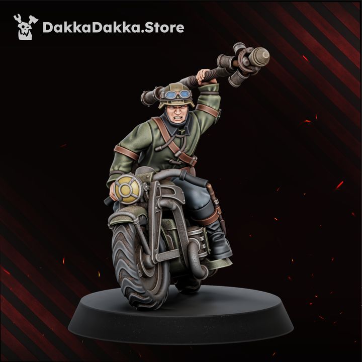 Single rider miniature raising a tube weapon overhead, olive greatcoat and goggled helmet, side view