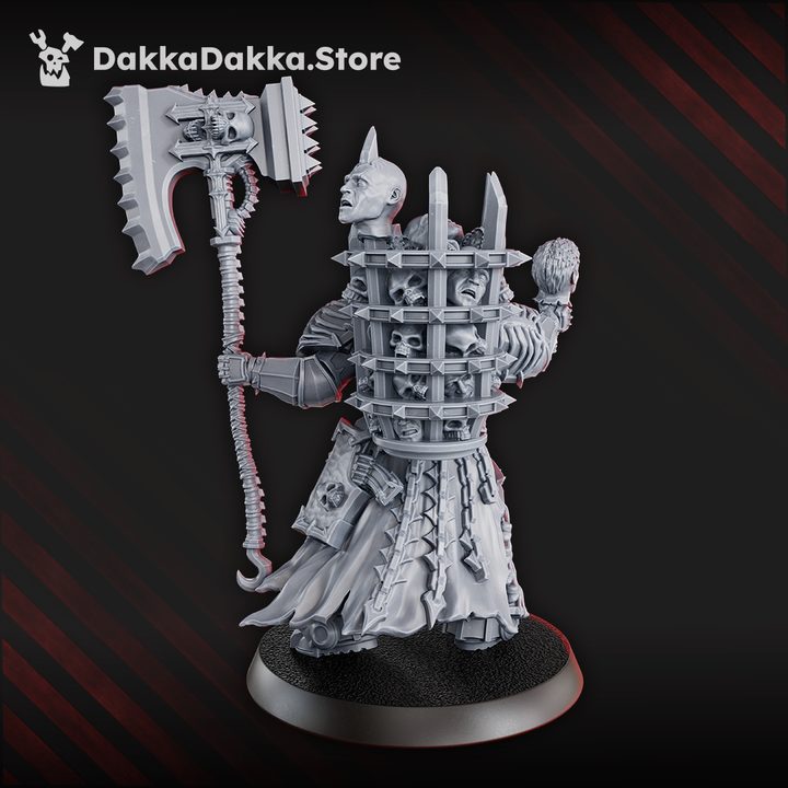 Rear and side profile view showing skull-studded trophy rack and spine-haft axe detail