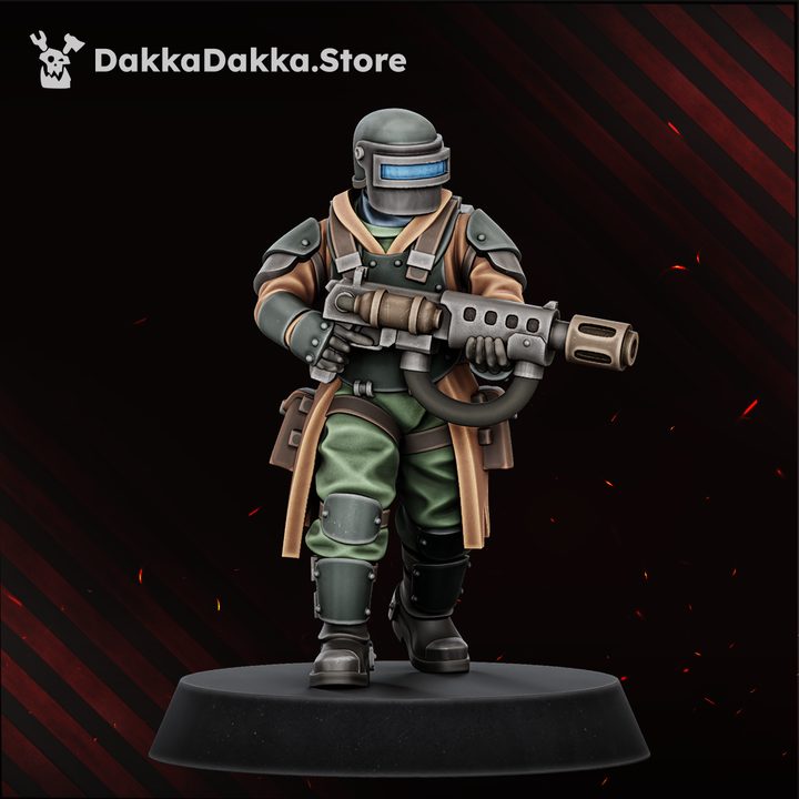 Fully helmeted heavy support trooper miniature with visor and large support weapon, front view